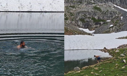 Artvin’de Yaz Ortasında Karla Kaplı Göle Girdiler