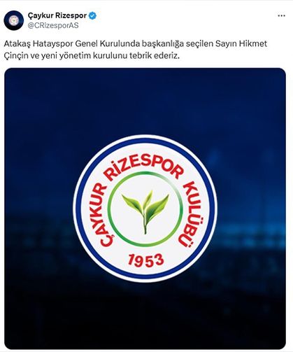 Çaykur Rizespor’dan Atakaş Hatayspor'un Yeni Başkanına Tebrik Mesajı