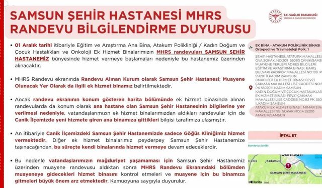 Samsun Şehir Hastanesi Randevularında "Hizmet Binası Karışıklığı"na Dikkat