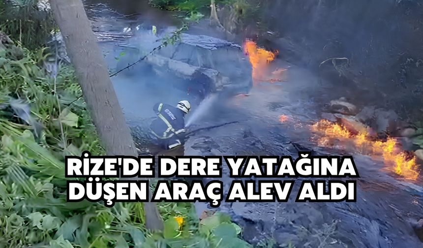 Rize'de dere yatağı düşen araç alev aldı