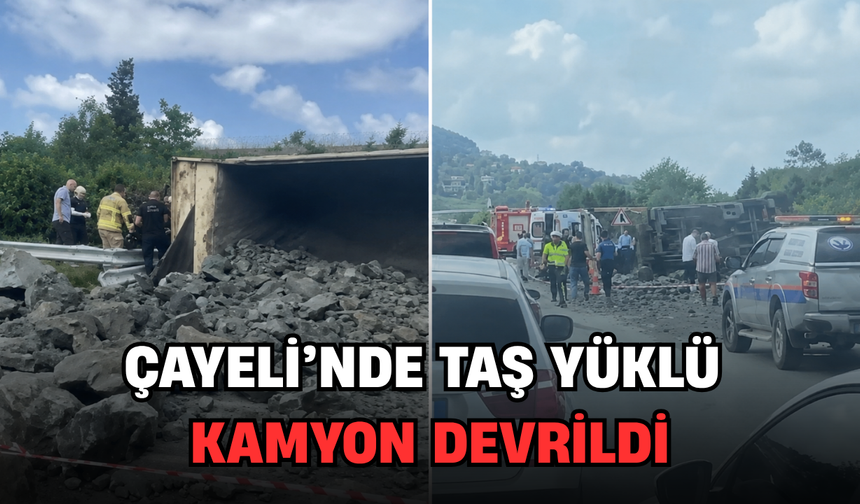 Çayeli’de Taş Yüklü Kamyon Devrildi