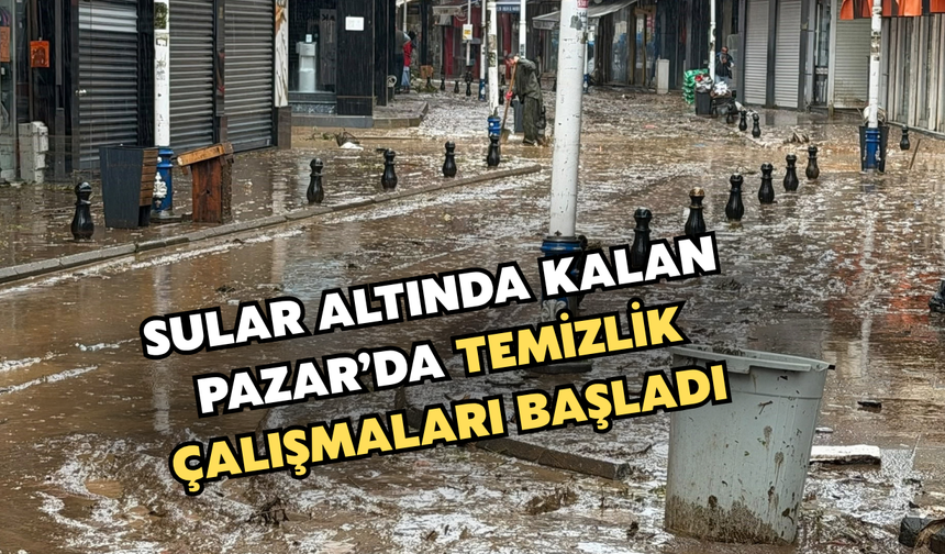 Sel Suları Altında Kalan Pazar'da Temizlik Çalışmaları Başladı